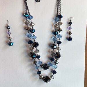 Blue and Gray Faceted Bead Double-Strand Necklace with Matching Earrings